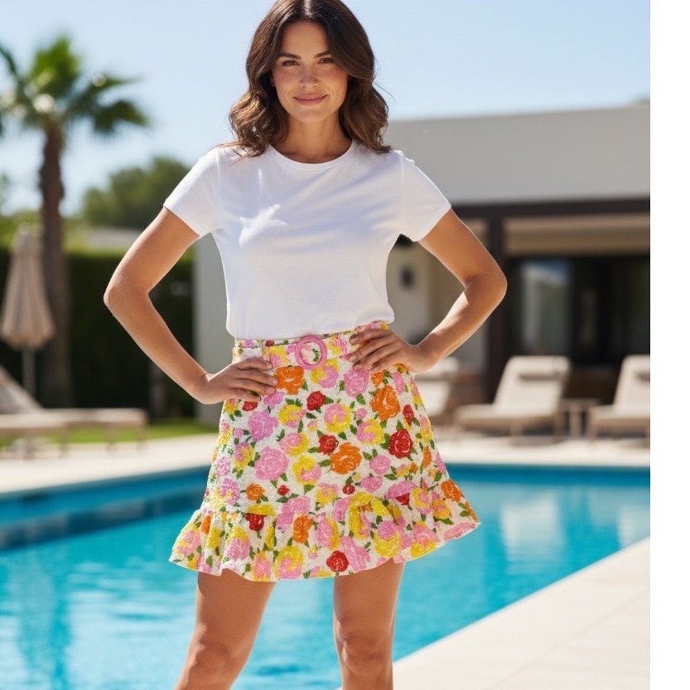Floral Ruffle Mini Skirt with Belt - White Multi